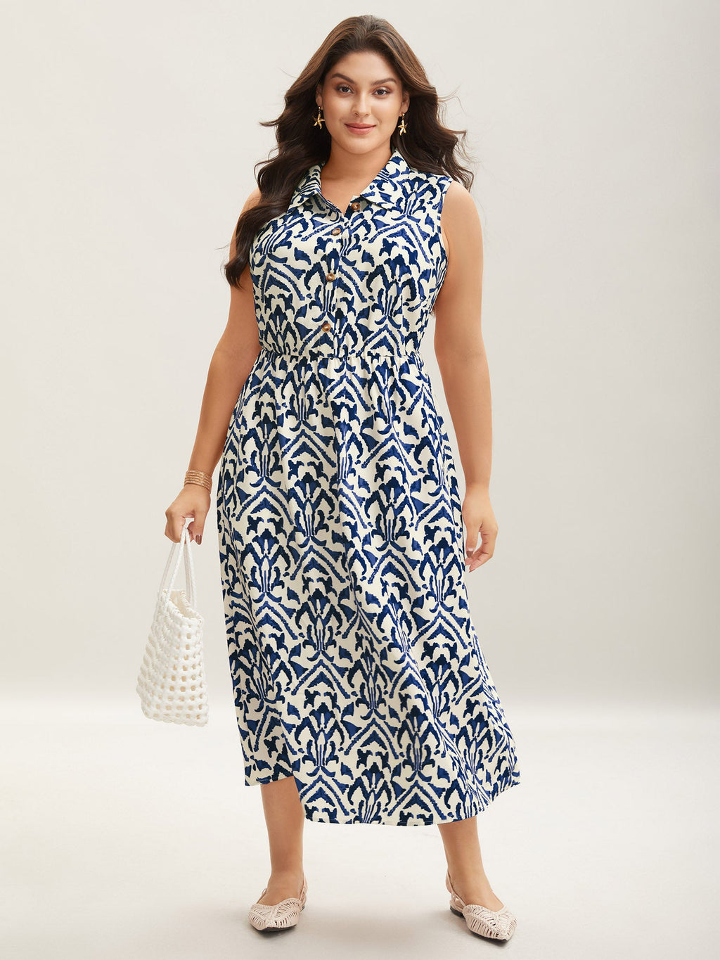 Spring Abstract Print Shirt Collar Midi Dress